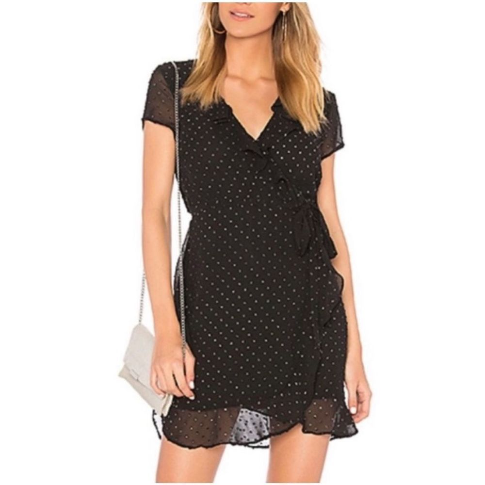 Bardot Faux Wrap Ruffle Neck Tie Waist Ruffle Bottom Mini Dress